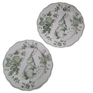 Maxcera Green Toile Roses Bunny Rabbit Dinner Plates 11.5" Set of 2 New Easter